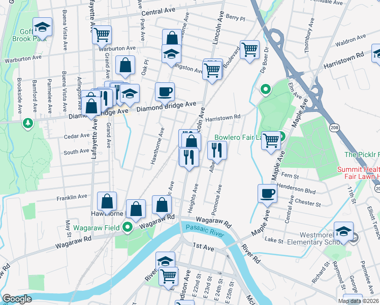 map of restaurants, bars, coffee shops, grocery stores, and more near 168 Passaic Avenue in Hawthorne