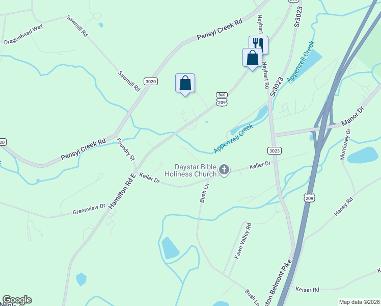 map of restaurants, bars, coffee shops, grocery stores, and more near Hamilton Road East in Stroudsburg