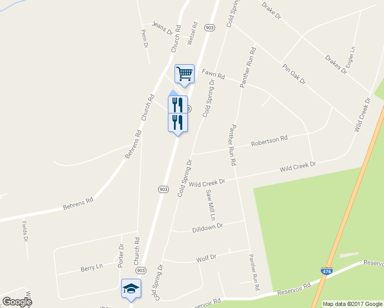 map of restaurants, bars, coffee shops, grocery stores, and more near 23 Robertson Road in Jim Thorpe