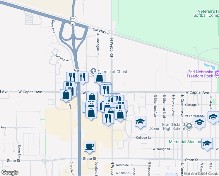 map of restaurants, bars, coffee shops, grocery stores, and more near 2502 North Webb Road in Grand Island