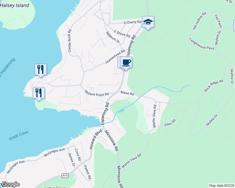 map of restaurants, bars, coffee shops, grocery stores, and more near 264 Espanong Road in Jefferson