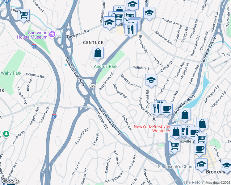 map of restaurants, bars, coffee shops, grocery stores, and more near 84 Dellwood Road in Yonkers