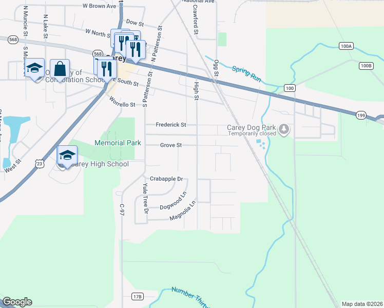 map of restaurants, bars, coffee shops, grocery stores, and more near 400 High Street in Carey