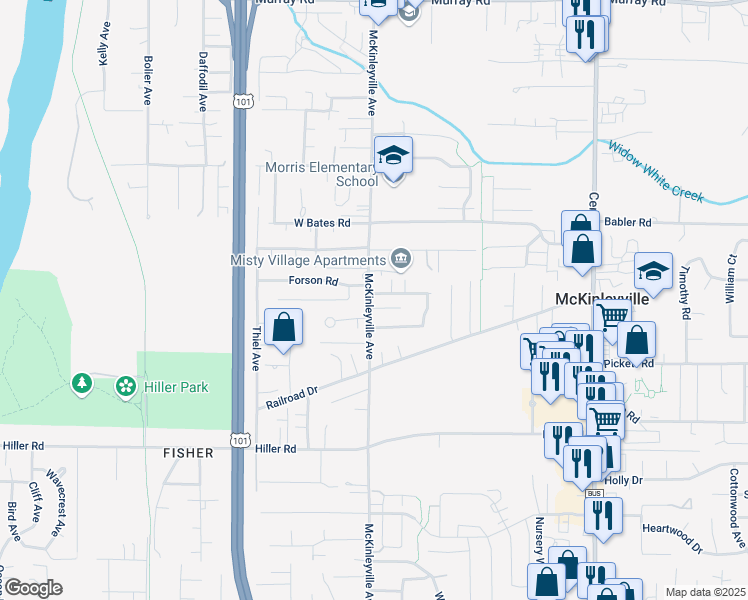 map of restaurants, bars, coffee shops, grocery stores, and more near 1245 Haven Lane in McKinleyville