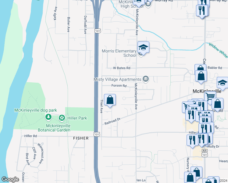map of restaurants, bars, coffee shops, grocery stores, and more near 1100 Forson Road in McKinleyville