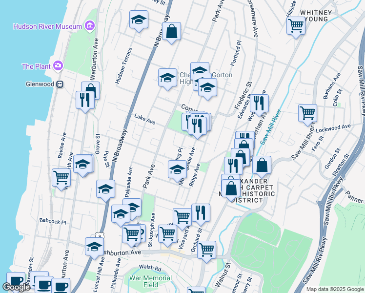 map of restaurants, bars, coffee shops, grocery stores, and more near 98 Lake Avenue in Yonkers