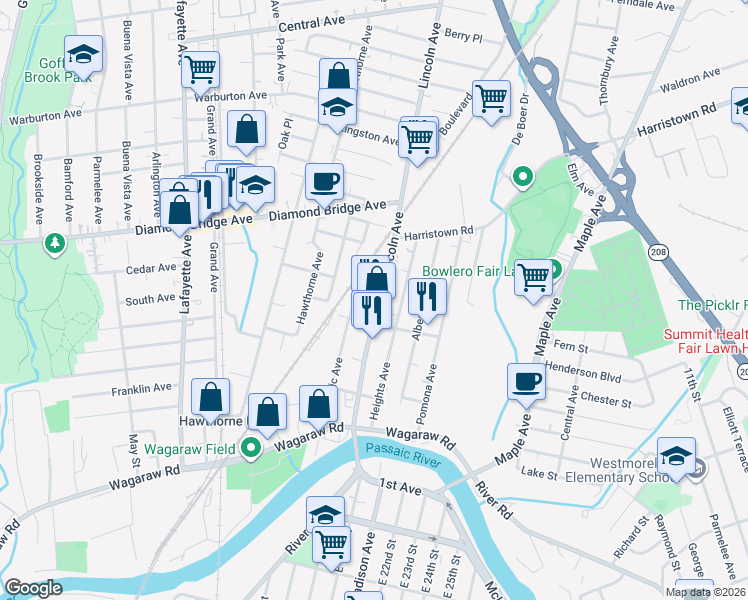 map of restaurants, bars, coffee shops, grocery stores, and more near 168 Passaic Avenue in Hawthorne