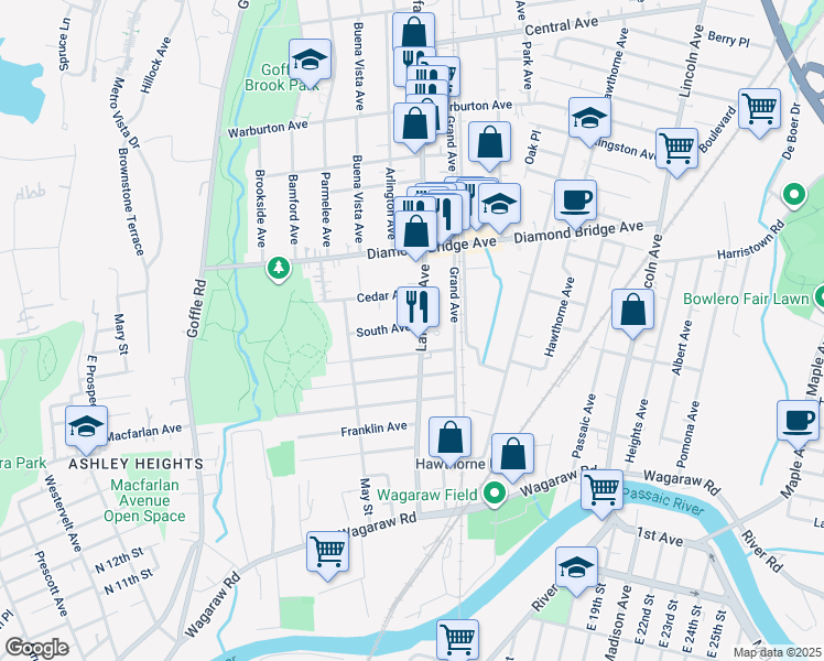 map of restaurants, bars, coffee shops, grocery stores, and more near 260 Lafayette Avenue in Hawthorne