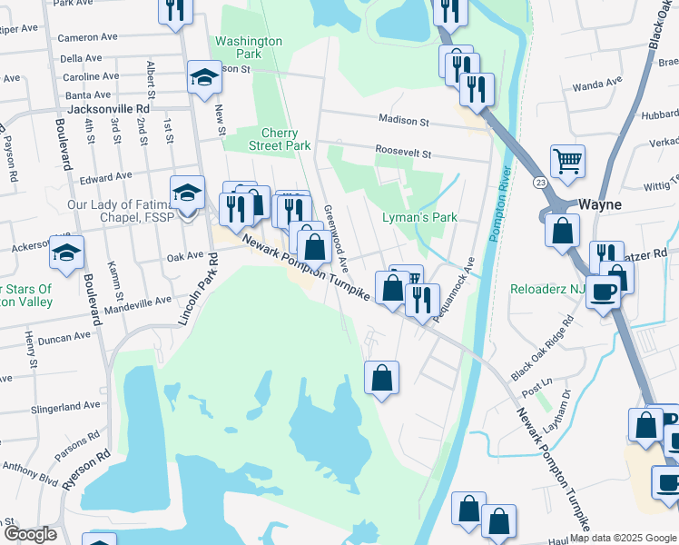 map of restaurants, bars, coffee shops, grocery stores, and more near 20 Greenwood Avenue in Pequannock Township