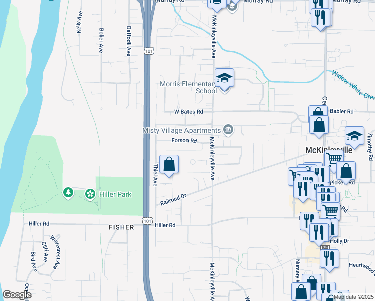 map of restaurants, bars, coffee shops, grocery stores, and more near 1115 Sun Road in McKinleyville