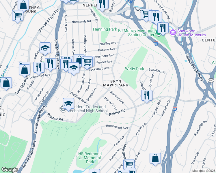 map of restaurants, bars, coffee shops, grocery stores, and more near 40 Montgomery Avenue in Yonkers