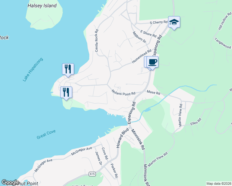 map of restaurants, bars, coffee shops, grocery stores, and more near 41 Nolans Point Road in Jefferson