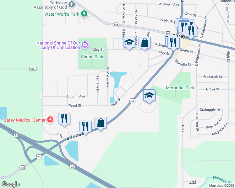 map of restaurants, bars, coffee shops, grocery stores, and more near 323 Lakeland Drive in Carey
