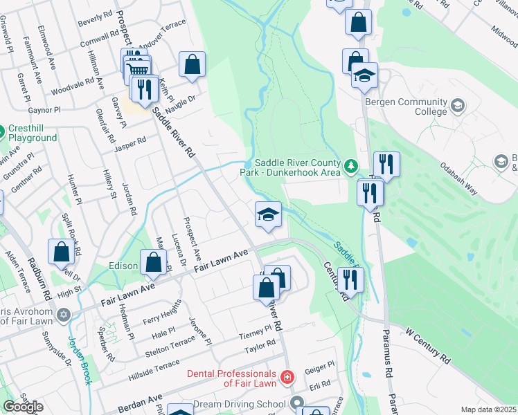 map of restaurants, bars, coffee shops, grocery stores, and more near 42-04 Fox Court in Fair Lawn