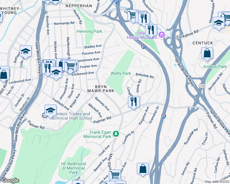 map of restaurants, bars, coffee shops, grocery stores, and more near 51 Bryn Mawr Terrace in Yonkers