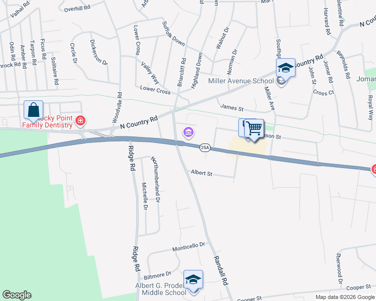 map of restaurants, bars, coffee shops, grocery stores, and more near 52 New York 25A in Shoreham