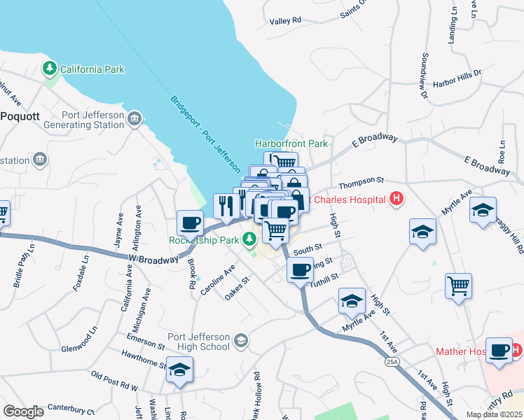 map of restaurants, bars, coffee shops, grocery stores, and more near in Port Jefferson