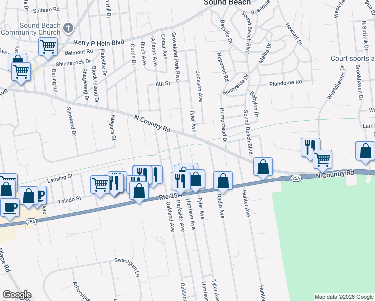 map of restaurants, bars, coffee shops, grocery stores, and more near 105 Harrison Avenue in Miller Place