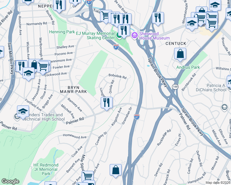 map of restaurants, bars, coffee shops, grocery stores, and more near 12 Cherwing Road in Yonkers