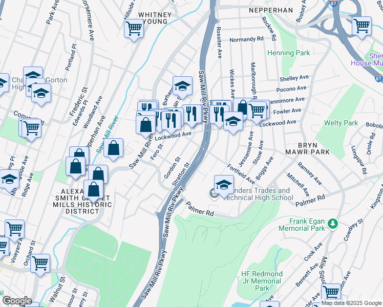 map of restaurants, bars, coffee shops, grocery stores, and more near 86 Gordon Street in Yonkers