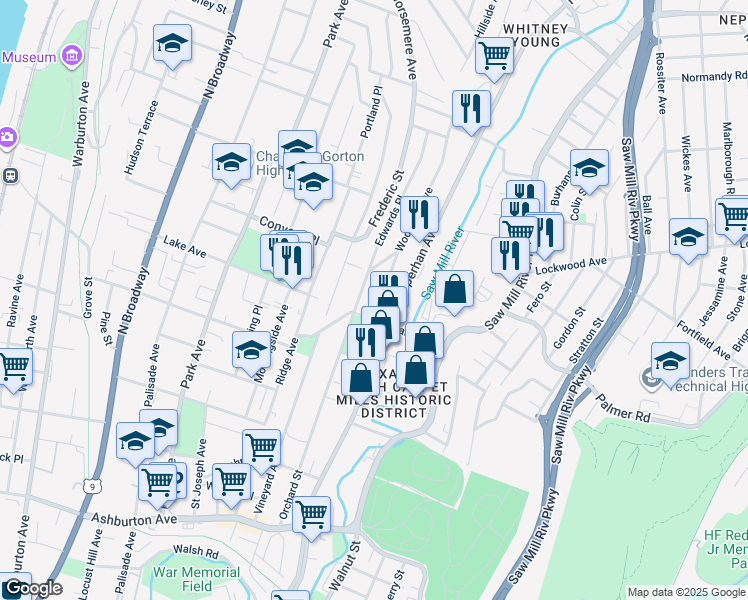 map of restaurants, bars, coffee shops, grocery stores, and more near 124 Woodland Avenue in Yonkers