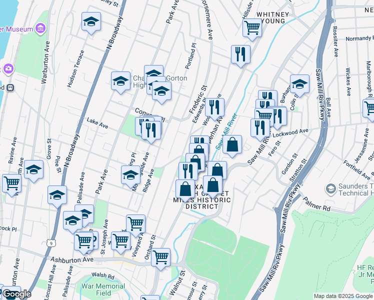 map of restaurants, bars, coffee shops, grocery stores, and more near 221 Edwards Place in Yonkers