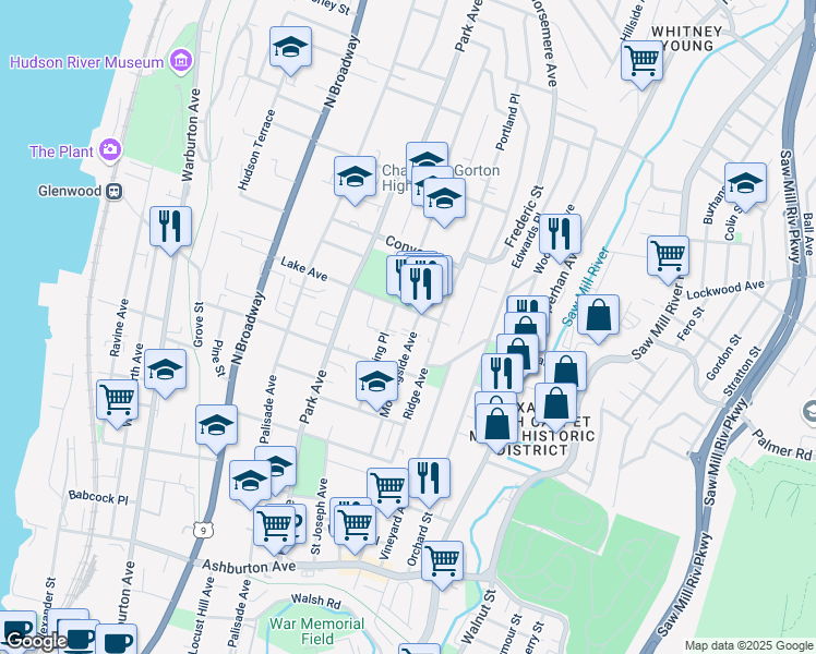 map of restaurants, bars, coffee shops, grocery stores, and more near 124 Lake Avenue in Yonkers