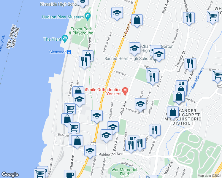 map of restaurants, bars, coffee shops, grocery stores, and more near in Yonkers