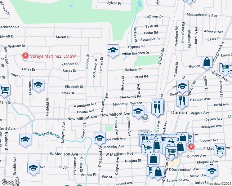 map of restaurants, bars, coffee shops, grocery stores, and more near 110 Sherwood Road in Dumont