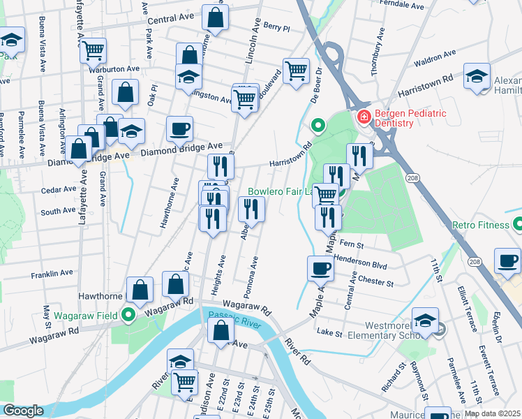 map of restaurants, bars, coffee shops, grocery stores, and more near 22 Albert Avenue in Fair Lawn