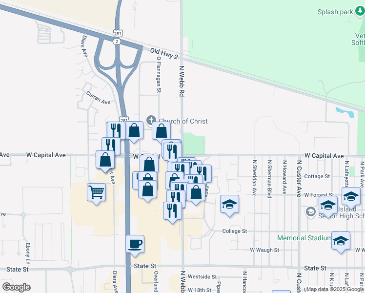 map of restaurants, bars, coffee shops, grocery stores, and more near 2530 North Webb Road in Grand Island