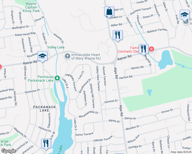 map of restaurants, bars, coffee shops, grocery stores, and more near 67 Valley View Terrace in Wayne