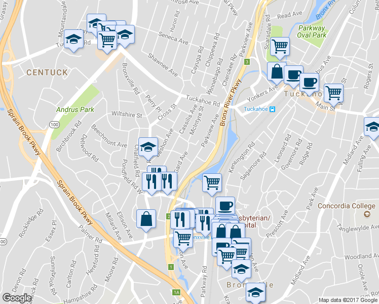 map of restaurants, bars, coffee shops, grocery stores, and more near 56 Gard Avenue in Bronxville