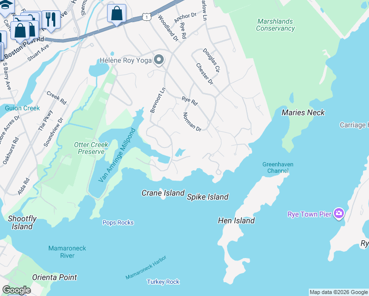 map of restaurants, bars, coffee shops, grocery stores, and more near 79 Brevoort Lane in Rye