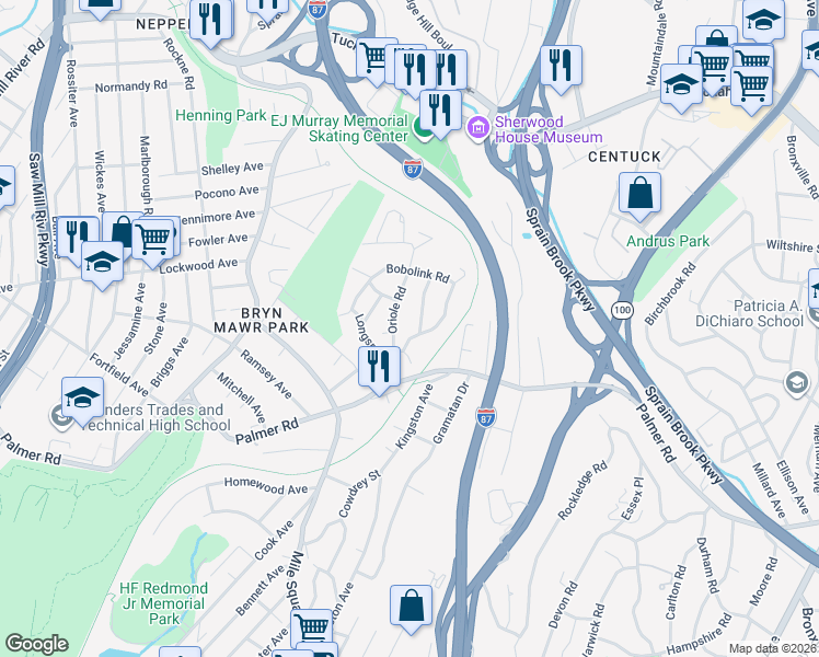 map of restaurants, bars, coffee shops, grocery stores, and more near 12 Cherwing Road in Yonkers