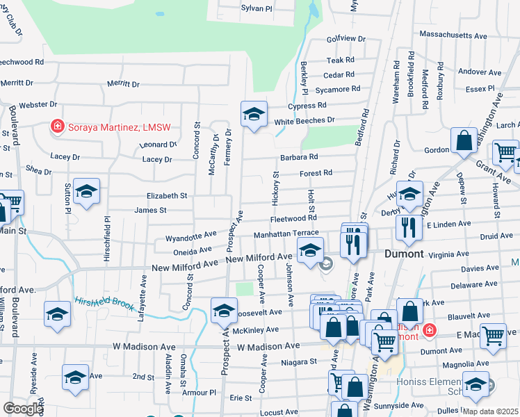 map of restaurants, bars, coffee shops, grocery stores, and more near 110 Sherwood Road in Dumont