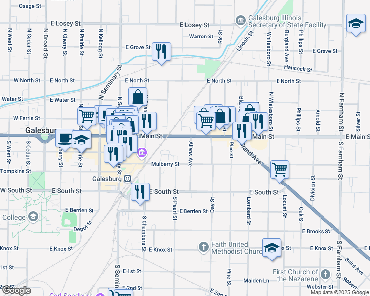 map of restaurants, bars, coffee shops, grocery stores, and more near 2-172 Allens Ave in Galesburg