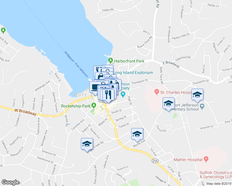 map of restaurants, bars, coffee shops, grocery stores, and more near 227 East Main Street in Port Jefferson