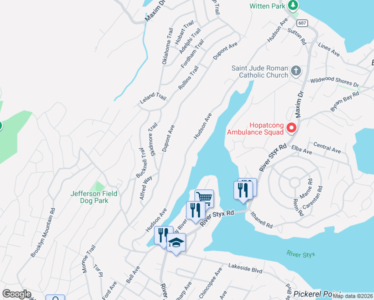 map of restaurants, bars, coffee shops, grocery stores, and more near 223 Hudson Avenue in Hopatcong