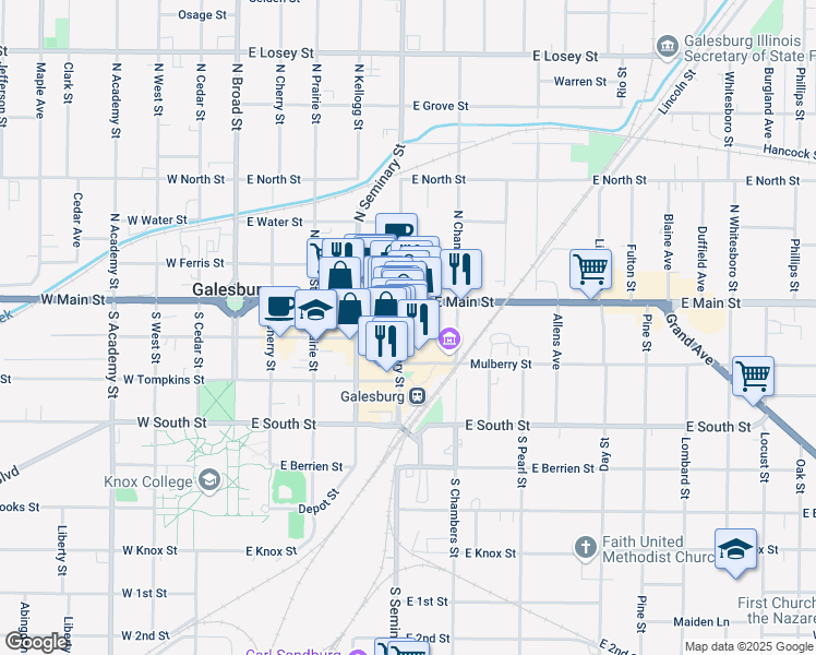map of restaurants, bars, coffee shops, grocery stores, and more near 41 South Seminary Street in Galesburg