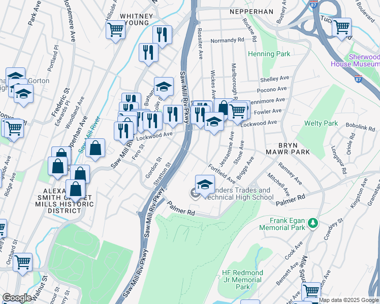 map of restaurants, bars, coffee shops, grocery stores, and more near 11 Gavin Street in Yonkers