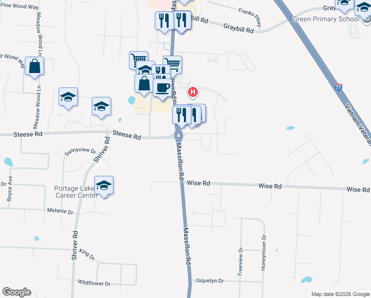 map of restaurants, bars, coffee shops, grocery stores, and more near 4209 Massillon Road in North Canton