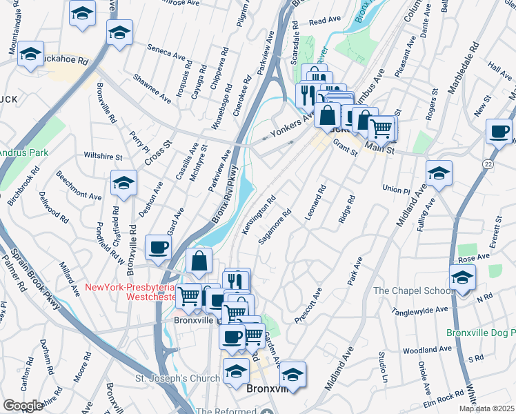 map of restaurants, bars, coffee shops, grocery stores, and more near 75 Kensington Road in Bronxville