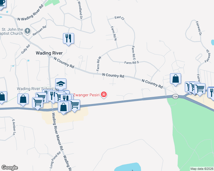 map of restaurants, bars, coffee shops, grocery stores, and more near 10 Laurel Hollow Court in Wading River