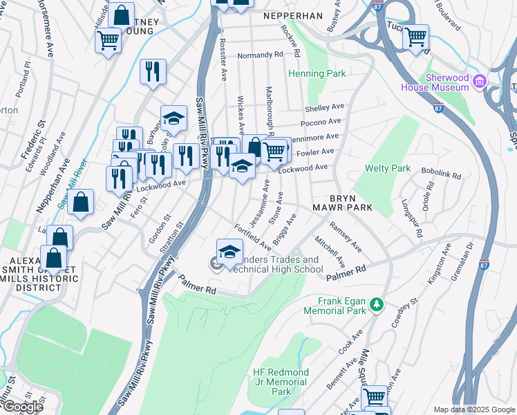 map of restaurants, bars, coffee shops, grocery stores, and more near 322 Glenhill Avenue in Yonkers