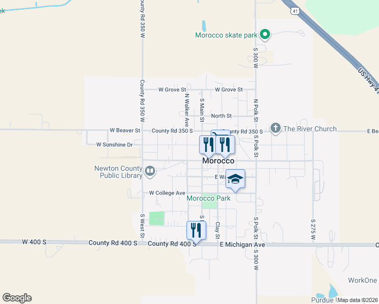 map of restaurants, bars, coffee shops, grocery stores, and more near 107 North Walker Avenue in Morocco