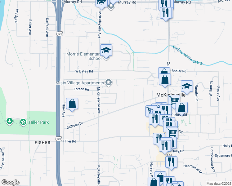 map of restaurants, bars, coffee shops, grocery stores, and more near 1325 Haven Lane in McKinleyville