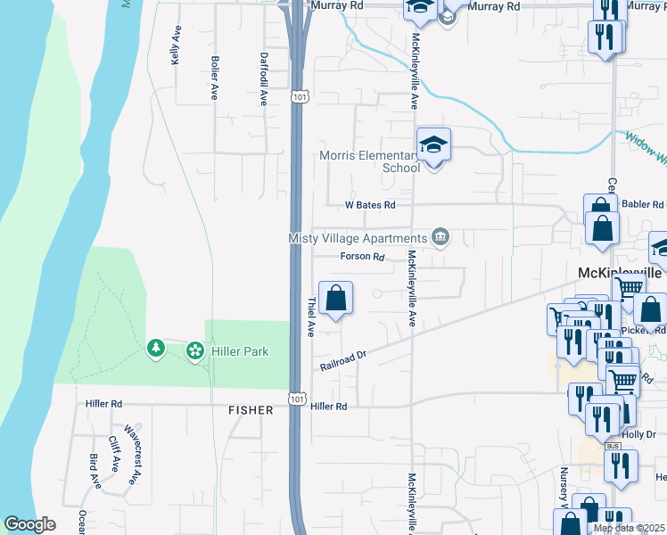 map of restaurants, bars, coffee shops, grocery stores, and more near 1030 Forson Road in McKinleyville