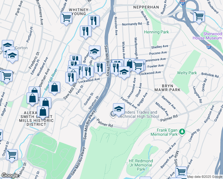 map of restaurants, bars, coffee shops, grocery stores, and more near 11 Gavin Street in Yonkers