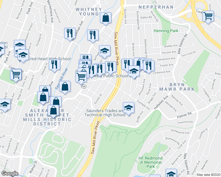 map of restaurants, bars, coffee shops, grocery stores, and more near 86 Gordon Street in Yonkers